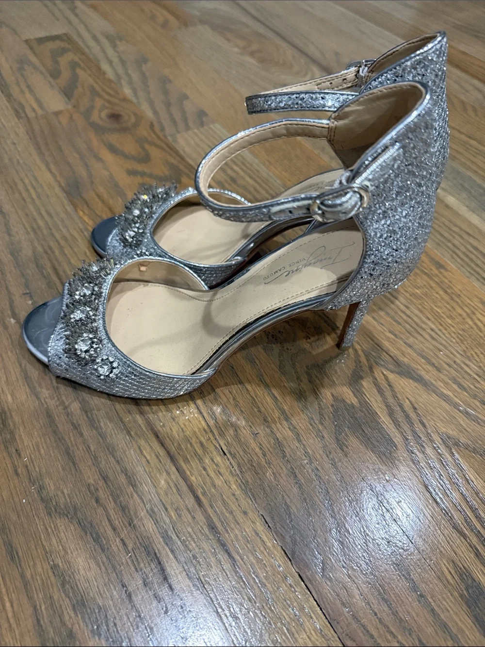 Imagine Vince Camuto Silver Embellished Ankle-Strap Heels with Crystal Detail